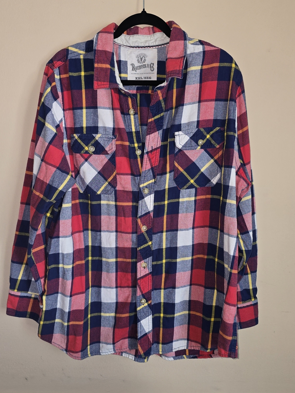 Roebuck & Co Red Navy Plaid XXL Men Long-Sleeve Button-Down Shirt